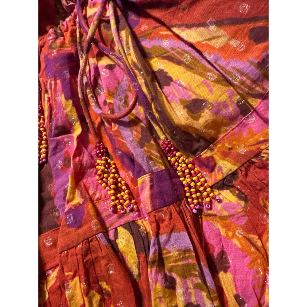 Farm Rio Womens Mini Dress Red Orange Floral Long Sleeve V Neck Tie Waist Casual - Picture 6 of 9